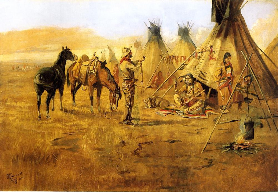 Cowboy Bargaining for an Indian Girl - Charles Marion Russell Paintings